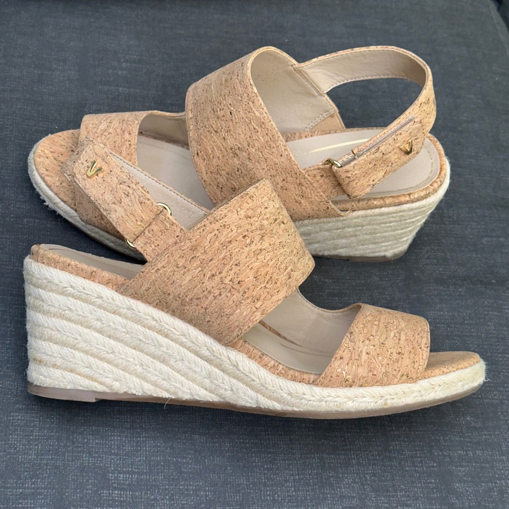 Vionic Brooke Cork Espadrille Wedge Sandal 9 Tan Gold Fleck Orthotic Comfort